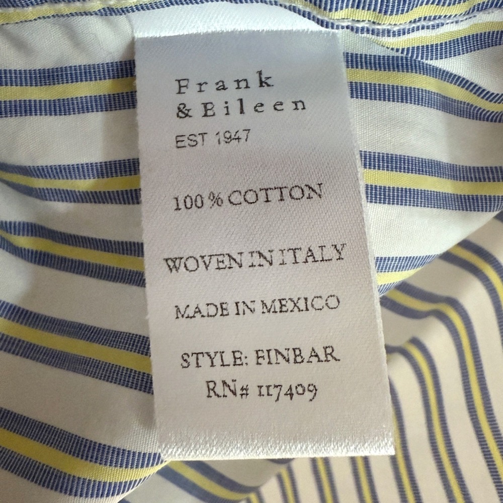 Frank & Eileen Finbar Blue/Yellow/White Striped Cotton Button Down Shirt Medium - Picture 7 of 7